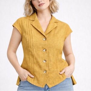100% Linen Mustard Cap sleeve button down cottagecore Quiet luxury blouse S